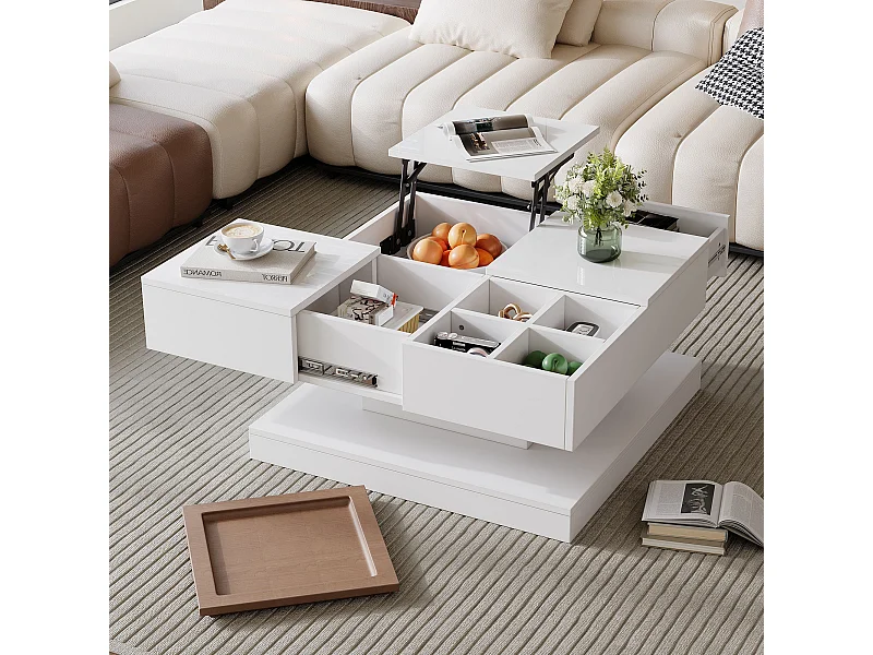 Mesa de centro multifuncional, diseño geométrico, con estante y 4 compartimentos, MDF + madera blanca y natural (75,5x75,5x38 cm)