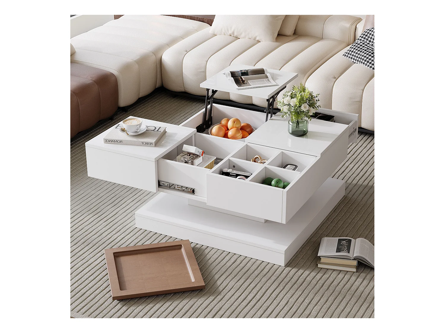 Table basse multifonction, design géométrique, avec tablett et 4 compartiments, MDF + blanc et bois naturel (75.5x75.5x38 cm)