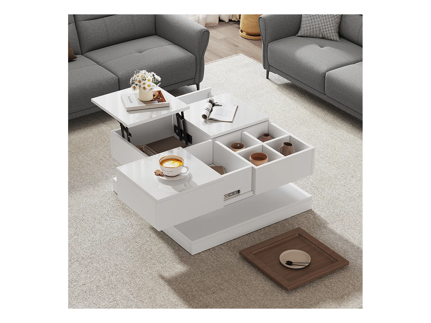 Table basse multifonction, design géométrique, avec tablett et 4 compartiments, MDF + blanc et bois naturel (75.5x75.5x38 cm)