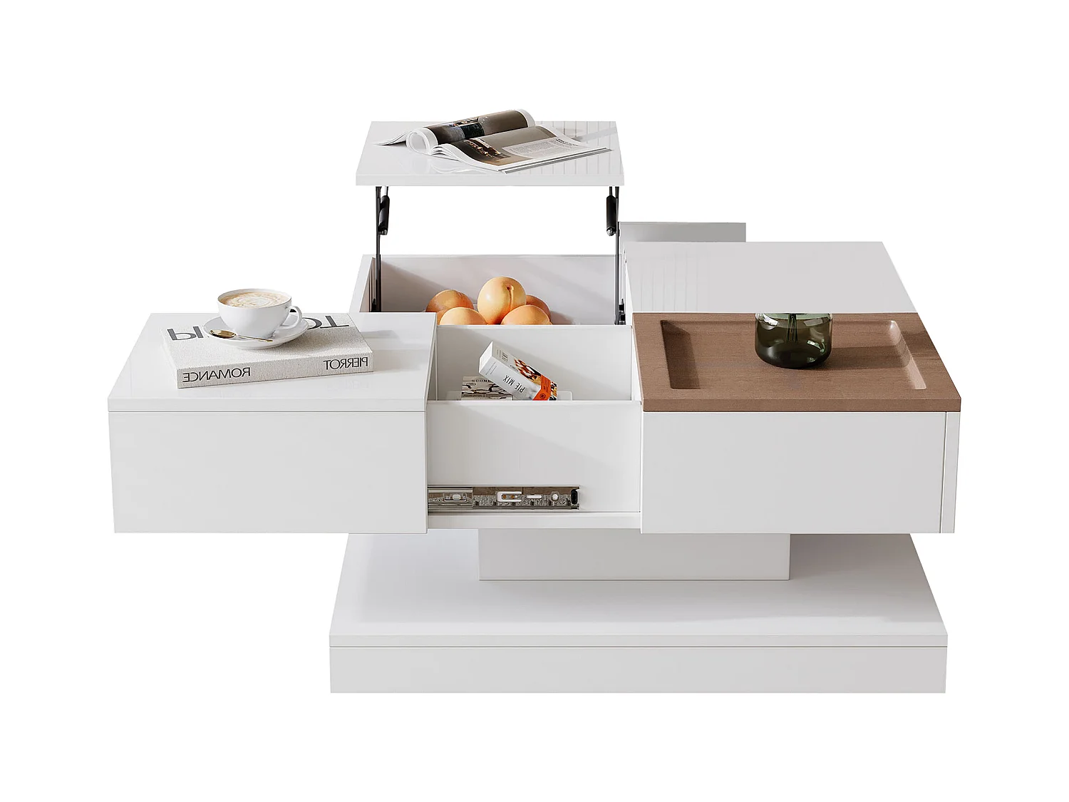 Table basse multifonction, design géométrique, avec tablett et 4 compartiments, MDF + blanc et bois naturel (75.5x75.5x38 cm)