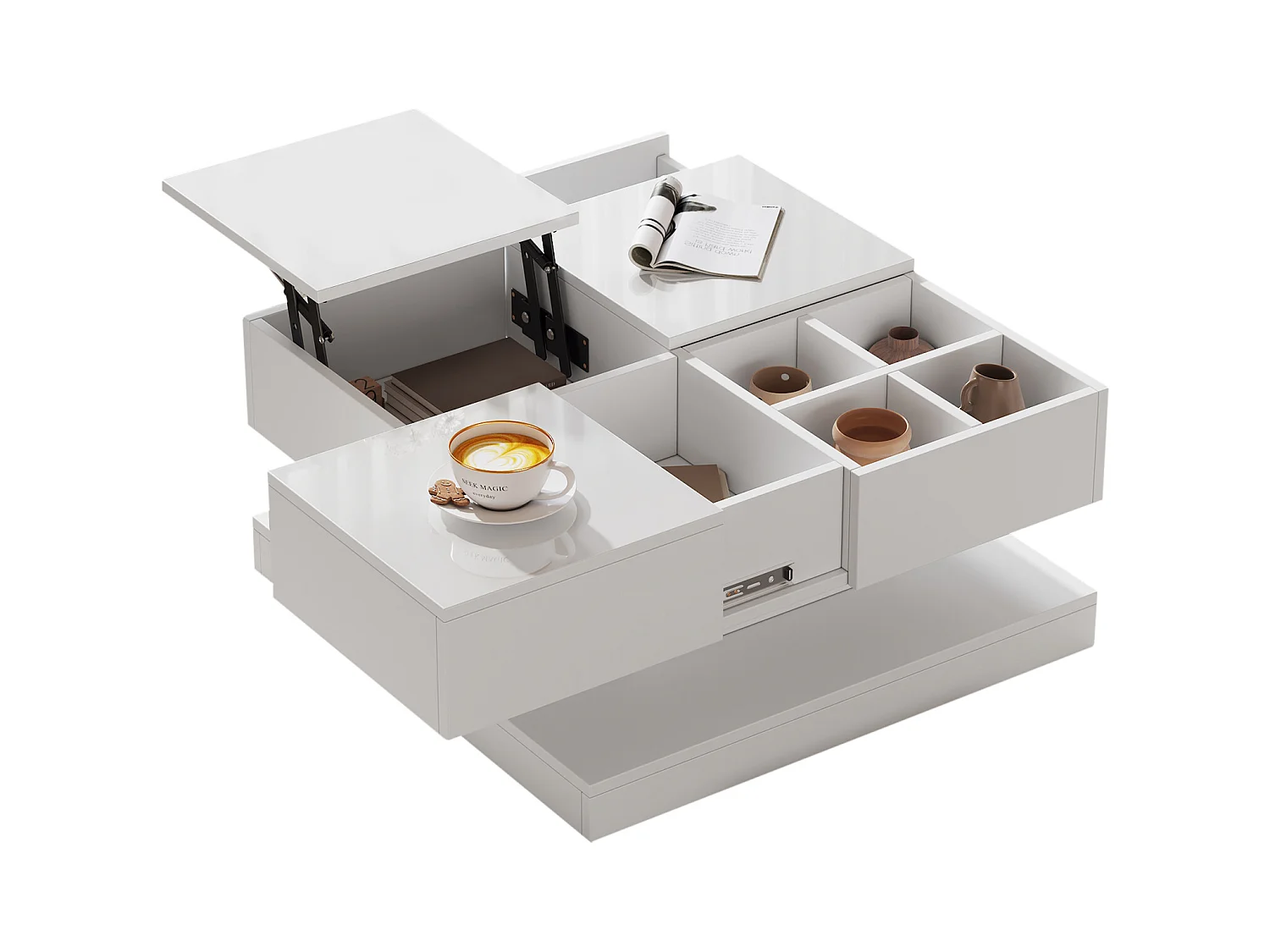 Table basse multifonction, design géométrique, avec tablett et 4 compartiments, MDF + blanc et bois naturel (75.5x75.5x38 cm)