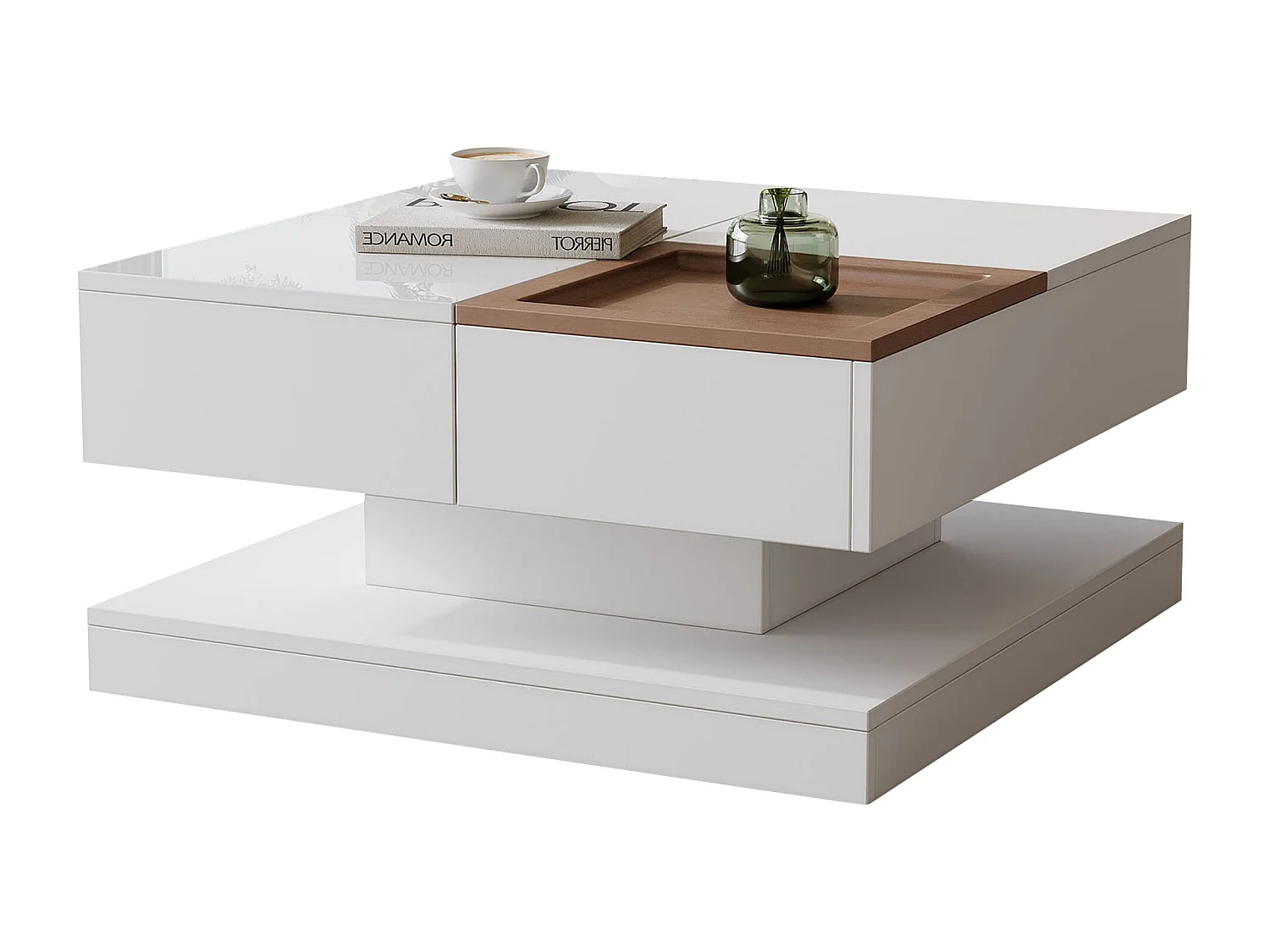Table basse multifonction, design géométrique, avec tablett et 4 compartiments, MDF + blanc et bois naturel (75.5x75.5x38 cm)