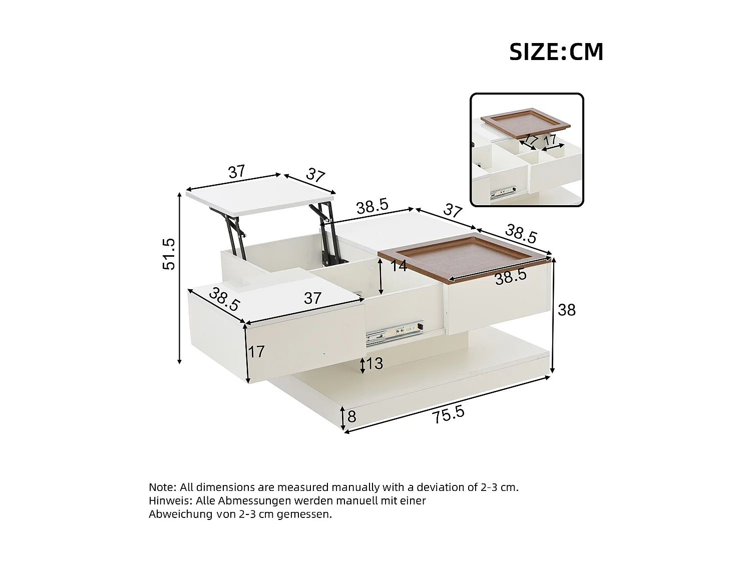 Table basse multifonction, design géométrique, avec tablett et 4 compartiments, MDF + blanc et bois naturel (75.5x75.5x38 cm)