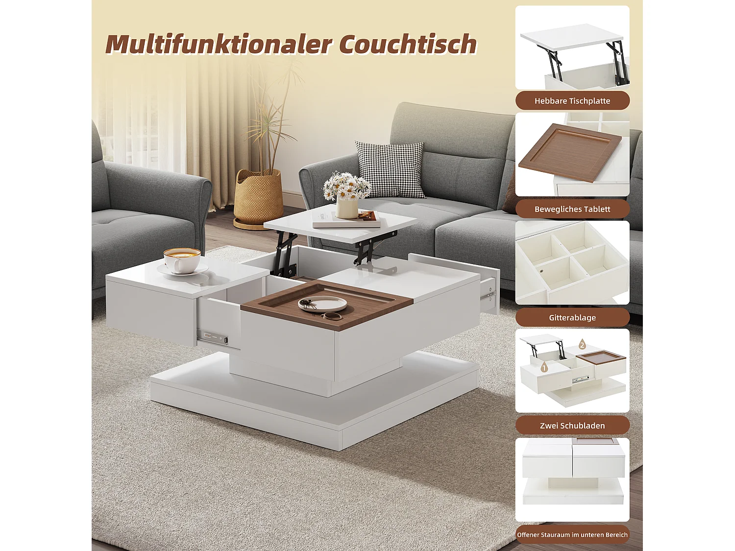 Table basse multifonction, design géométrique, avec tablett et 4 compartiments, MDF + blanc et bois naturel (75.5x75.5x38 cm)