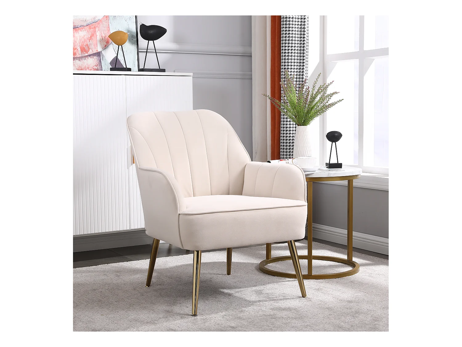 Sillón de terciopelo, diseño clásico, madera y metal, beige (64x73x78 cm)