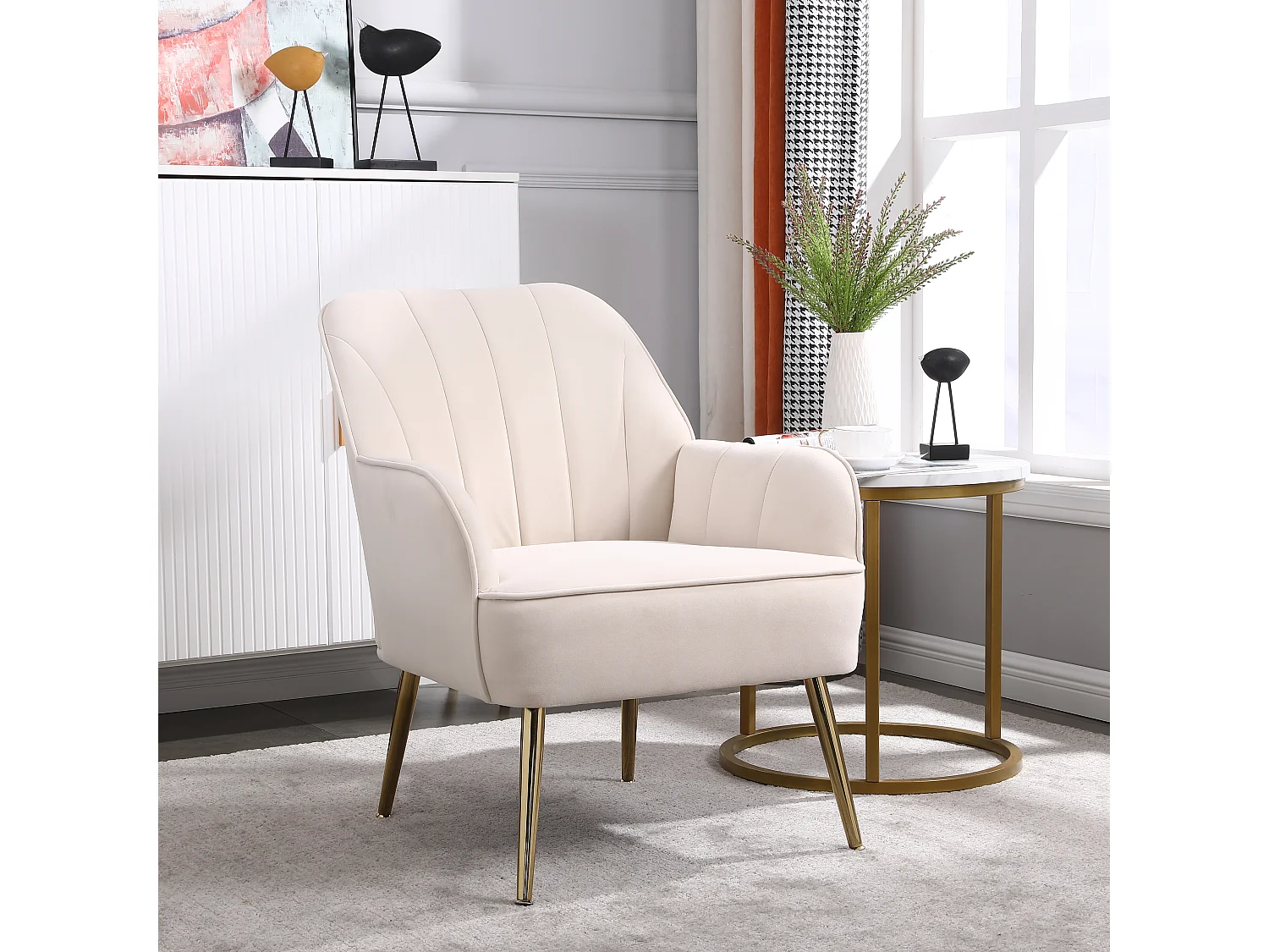 Fluwelen loungestoel, klassiek design, hout en metaal, beige (64x73x78 cm)