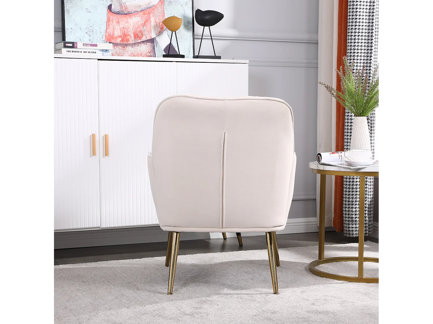 Fluwelen loungestoel, klassiek design, hout en metaal, beige (64x73x78 cm)