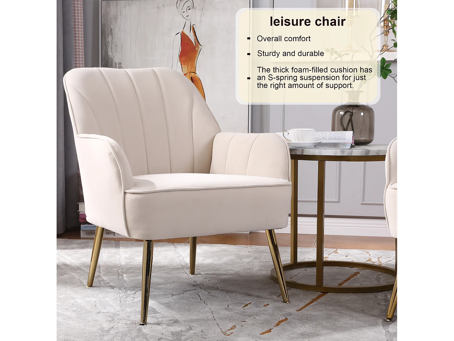 Fluwelen loungestoel, klassiek design, hout en metaal, beige (64x73x78 cm)