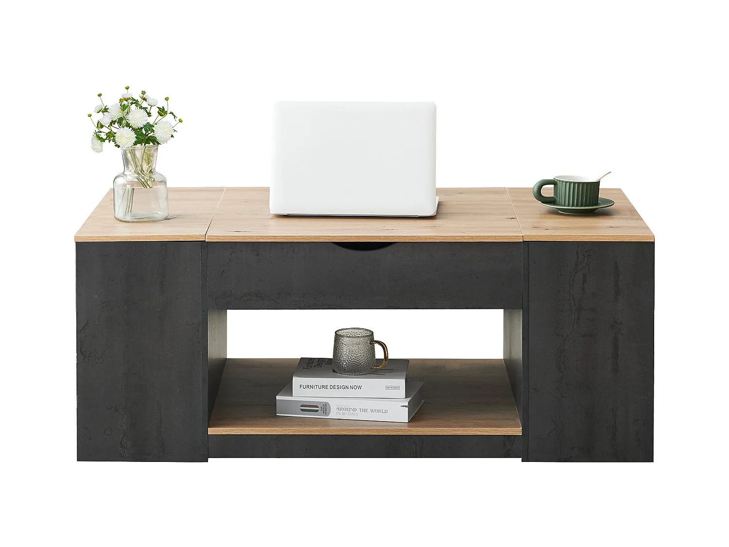 Table basse avec fonction élévatrice, design moderne, structure grise, MDF, couleur gris + bois (109.5x59.7x43 cm)