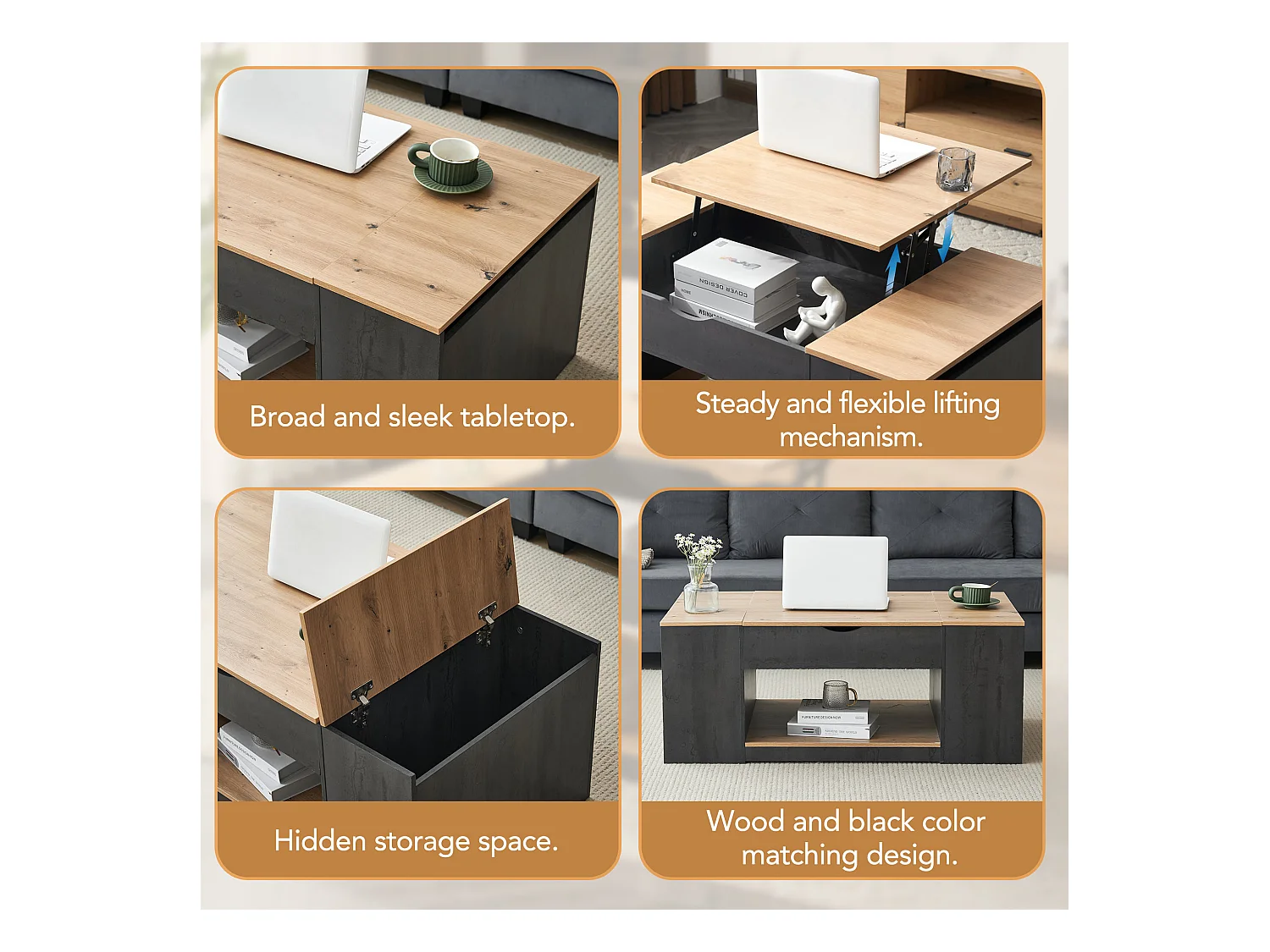 Table basse avec fonction élévatrice, design moderne, structure grise, MDF, couleur gris + bois (109.5x59.7x43 cm)