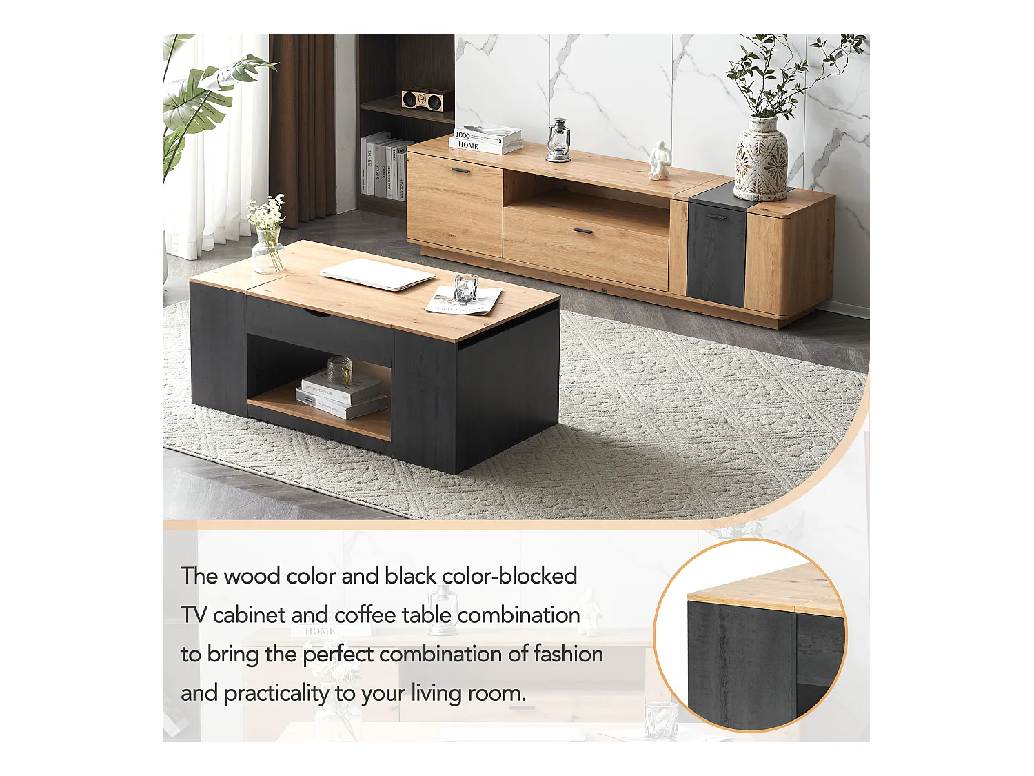 Table basse avec fonction élévatrice, design moderne, structure grise, MDF, couleur gris + bois (109.5x59.7x43 cm)