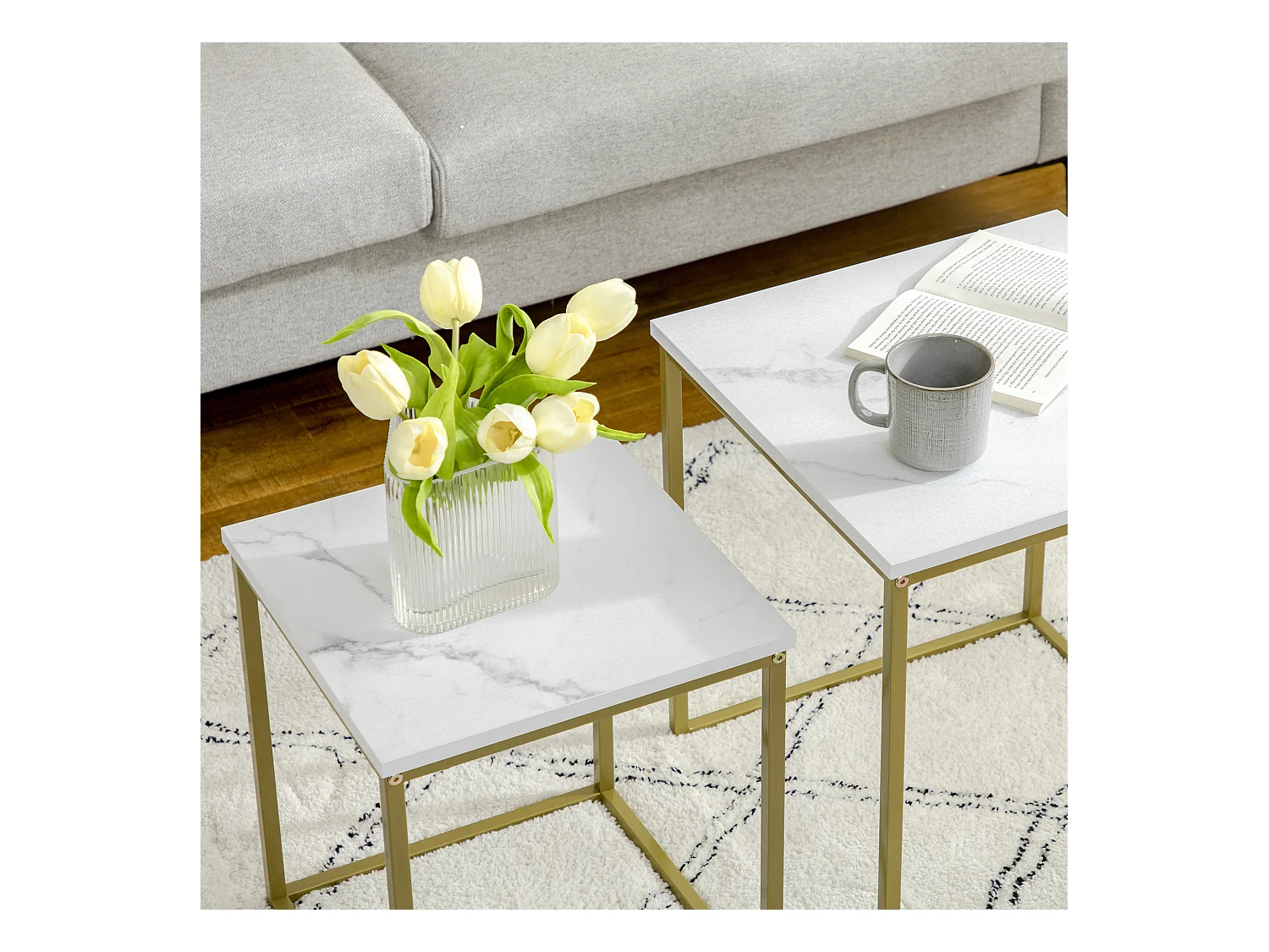 Set de 2 Tables Basses, Design Moderne, Structure en Acier, Blanc (45x45x50 cm)