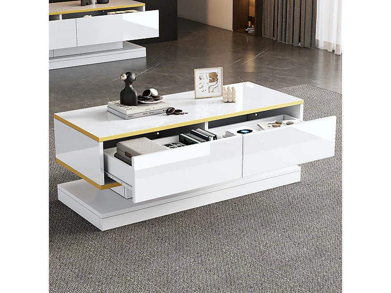 Table basse avec 2 tiroirs, design unique, MDF + ornement doré, blanc (100x50x38 cm)