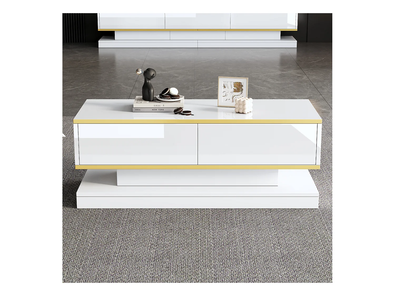 Table basse avec 2 tiroirs, design unique, MDF + ornement doré, blanc (100x50x38 cm)