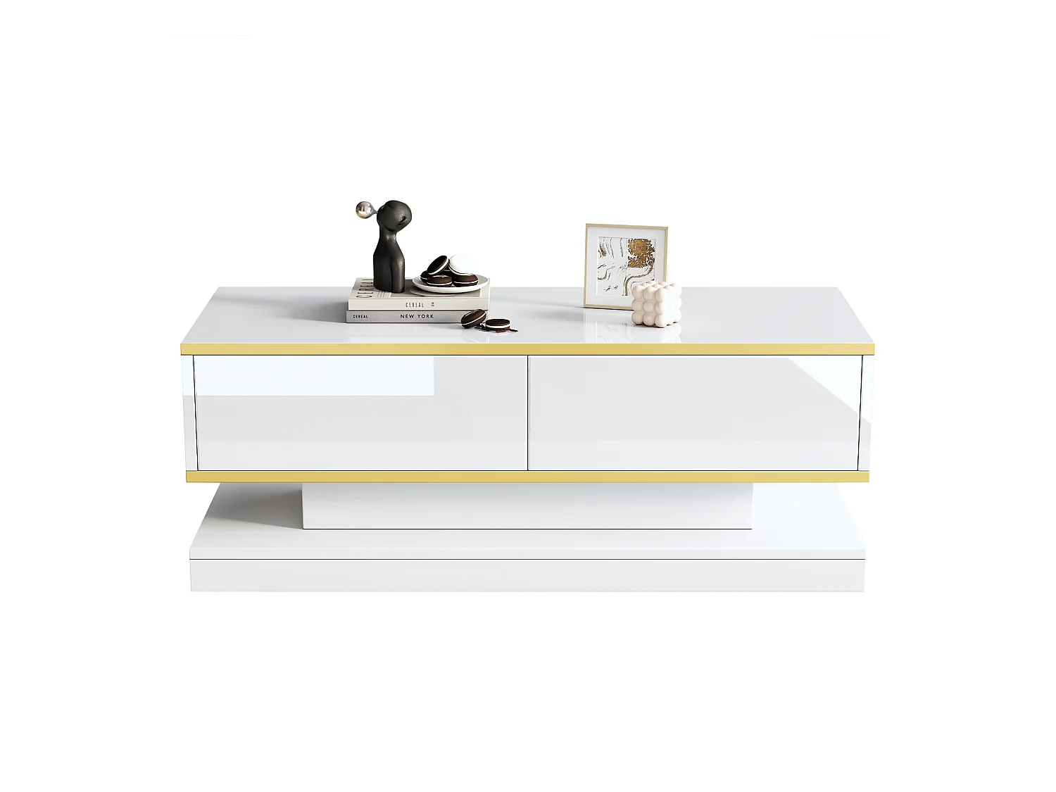 Table basse avec 2 tiroirs, design unique, MDF + ornement doré, blanc (100x50x38 cm)