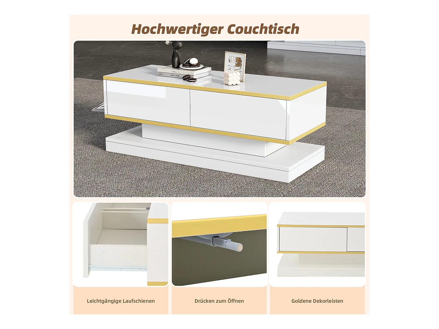 Table basse avec 2 tiroirs, design unique, MDF + ornement doré, blanc (100x50x38 cm)