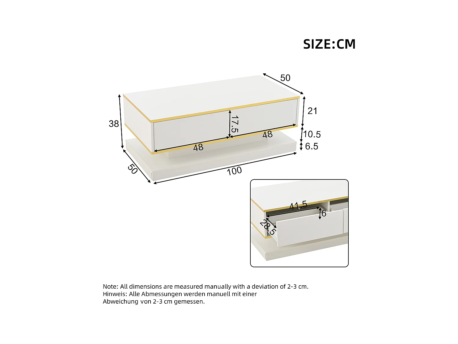 Table basse avec 2 tiroirs, design unique, MDF + ornement doré, blanc (100x50x38 cm)
