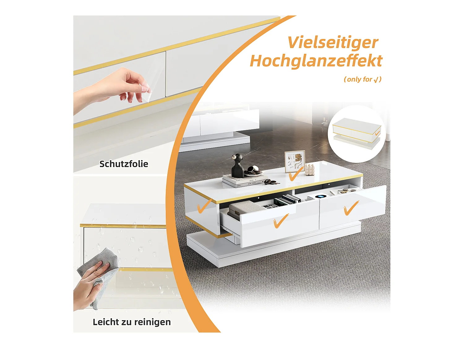 Table basse avec 2 tiroirs, design unique, MDF + ornement doré, blanc (100x50x38 cm)