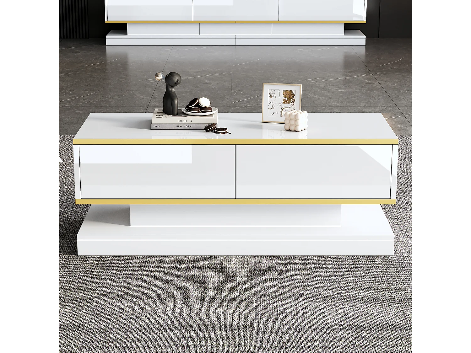 Salontafel met 2 lades, uniek design, MDF + gouden ornament, wit (100x50x38 cm)