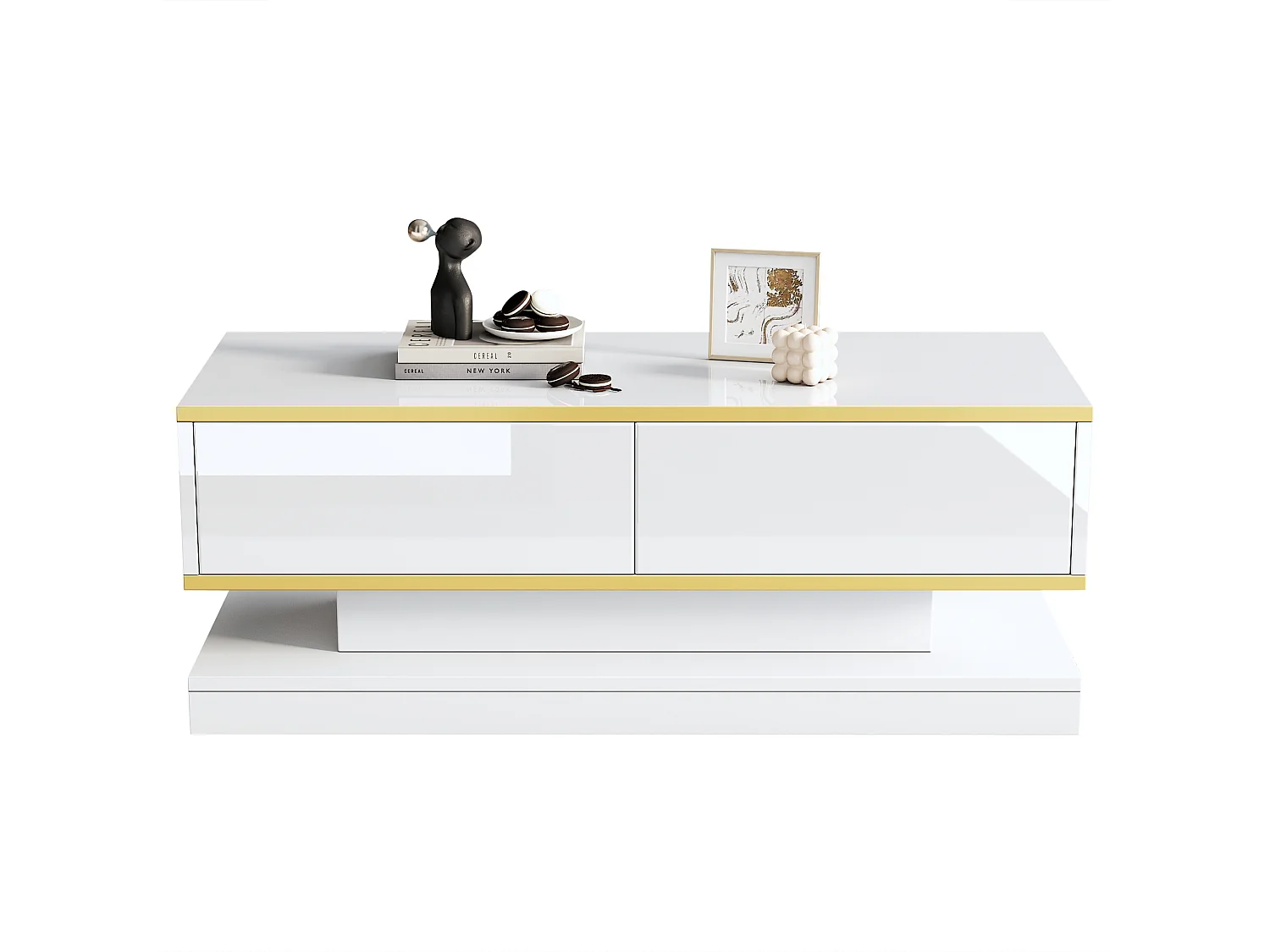 Salontafel met 2 lades, uniek design, MDF + gouden ornament, wit (100x50x38 cm)