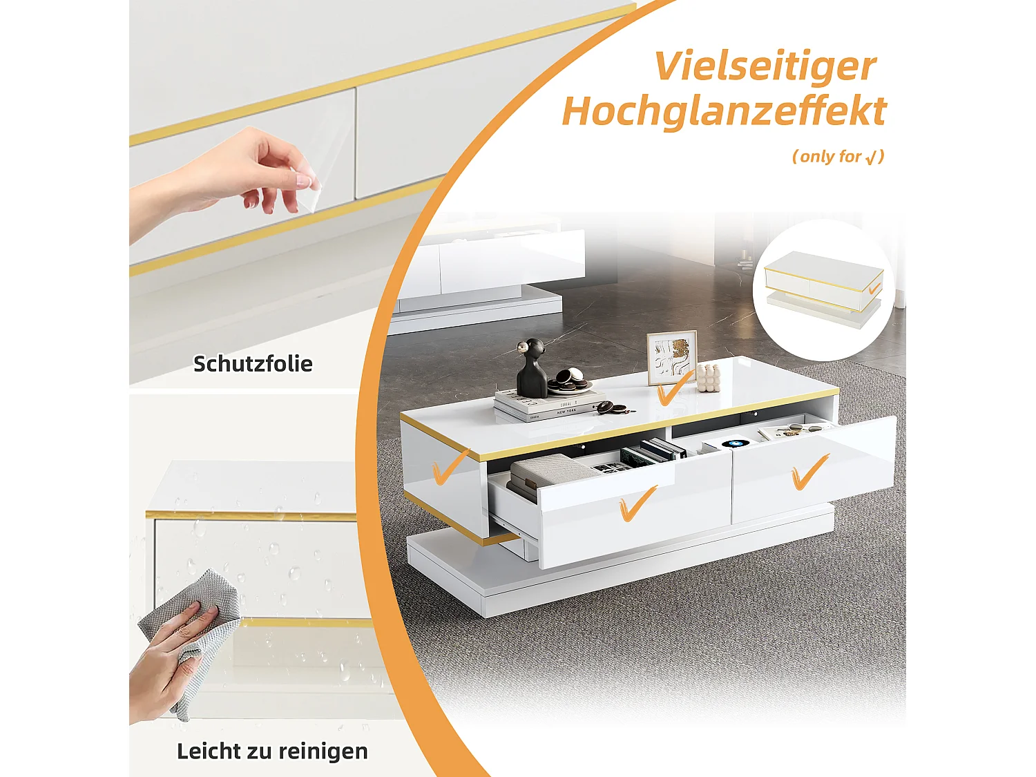 Salontafel met 2 lades, uniek design, MDF + gouden ornament, wit (100x50x38 cm)