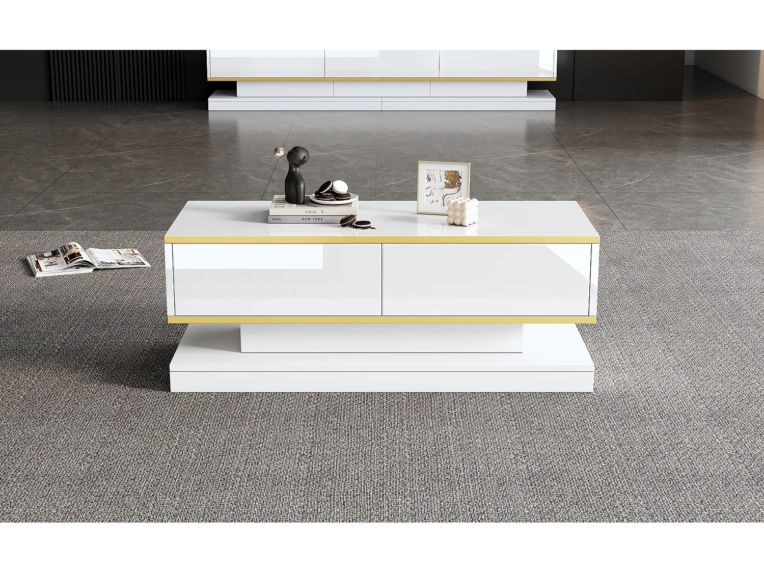 Salontafel met 2 lades, uniek design, MDF + gouden ornament, wit (100x50x38 cm)