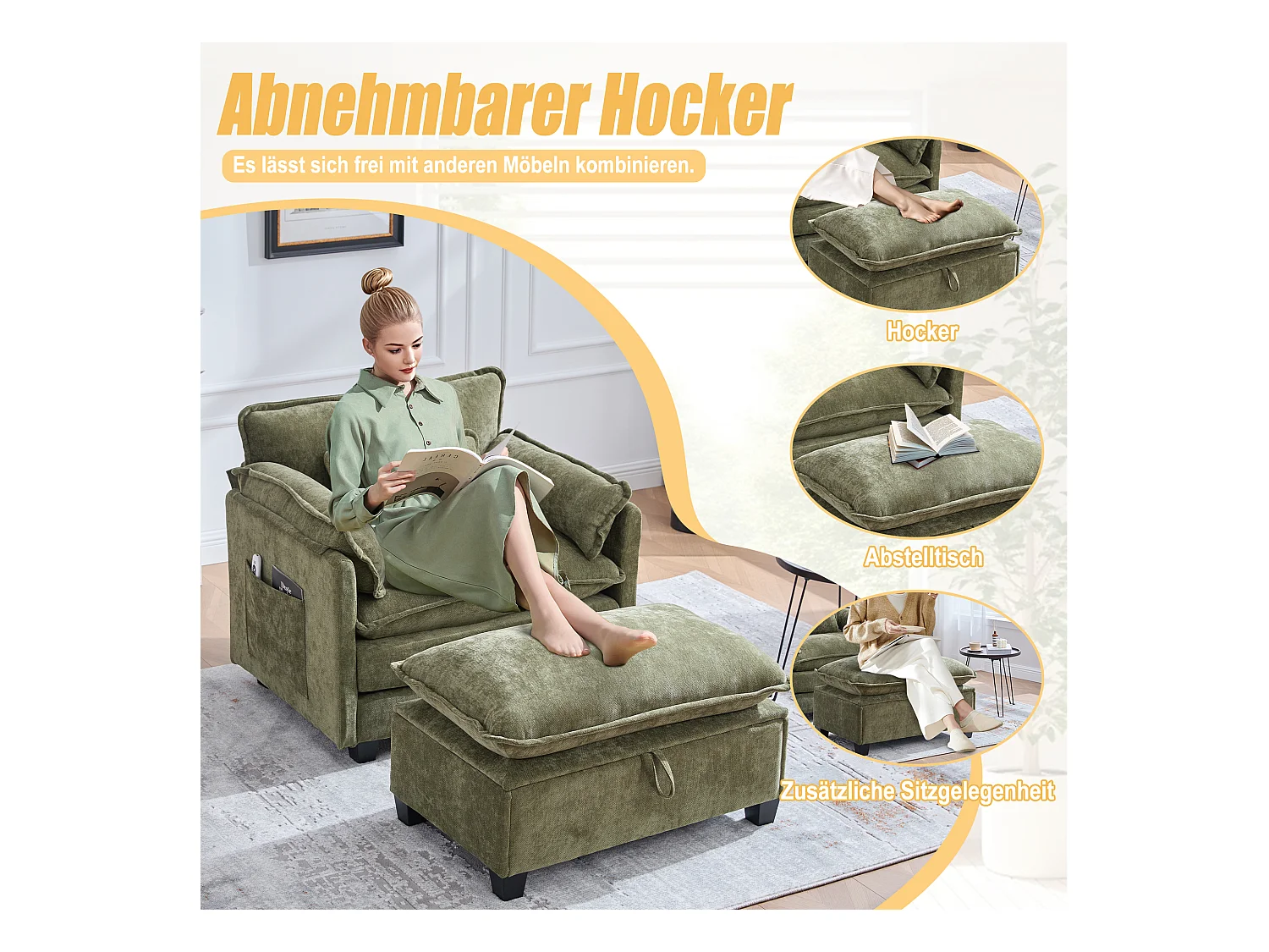 Fauteuil avec repose-pieds et rangement, chenille olive, avec poches latérales et coussins (103x85x91 cm)