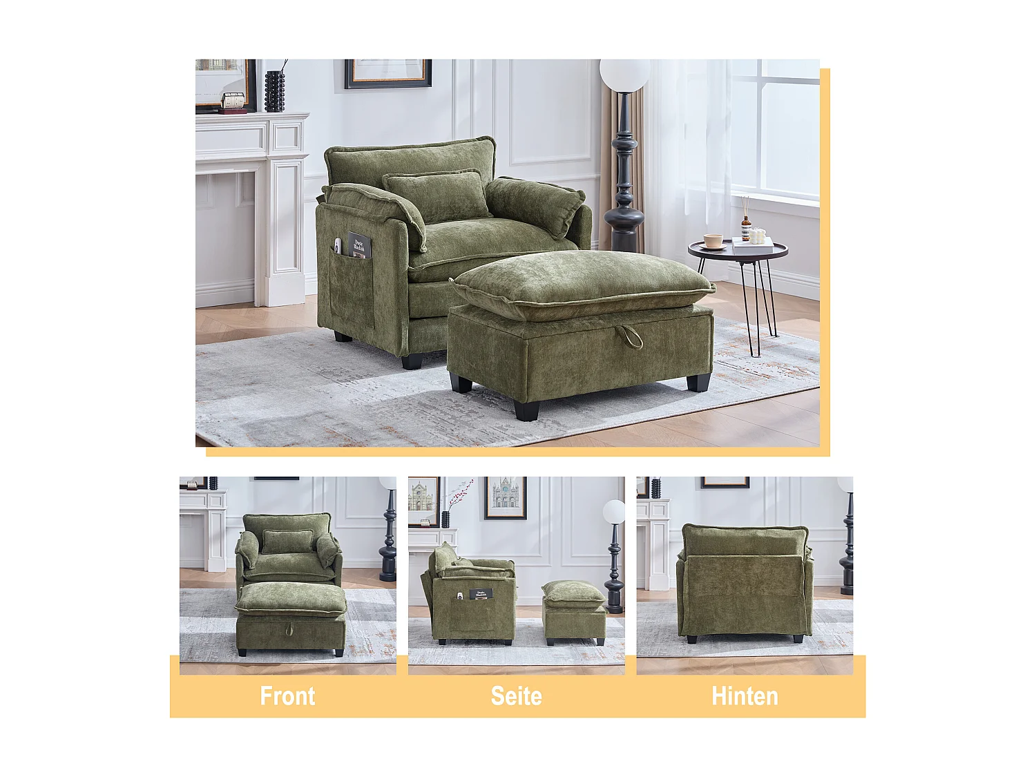 Fauteuil avec repose-pieds et rangement, chenille olive, avec poches latérales et coussins (103x85x91 cm)