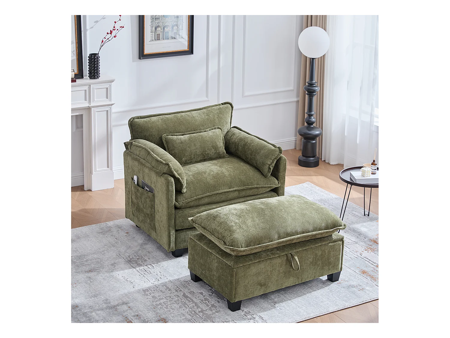 Sillón con reposapiés y almacenaje, chenilla oliva, con bolsillos laterales y cojines (103x85x91 cm)