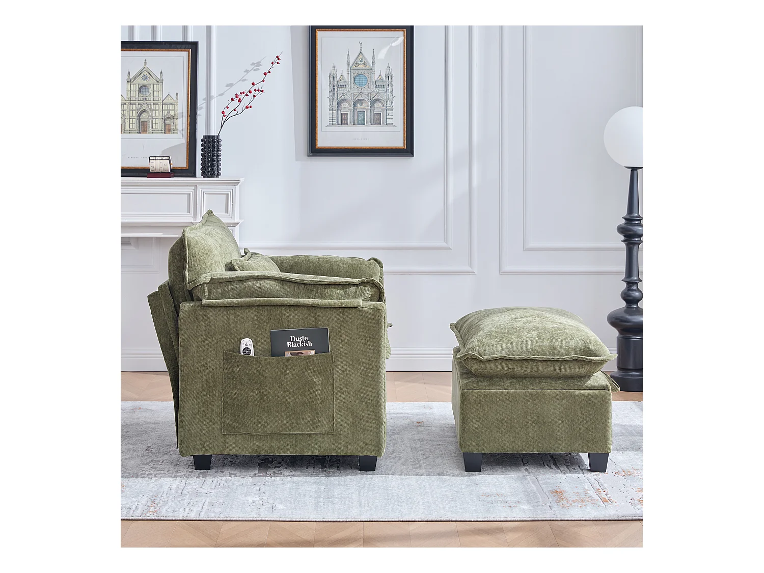 Fauteuil avec repose-pieds et rangement, chenille olive, avec poches latérales et coussins (103x85x91 cm)