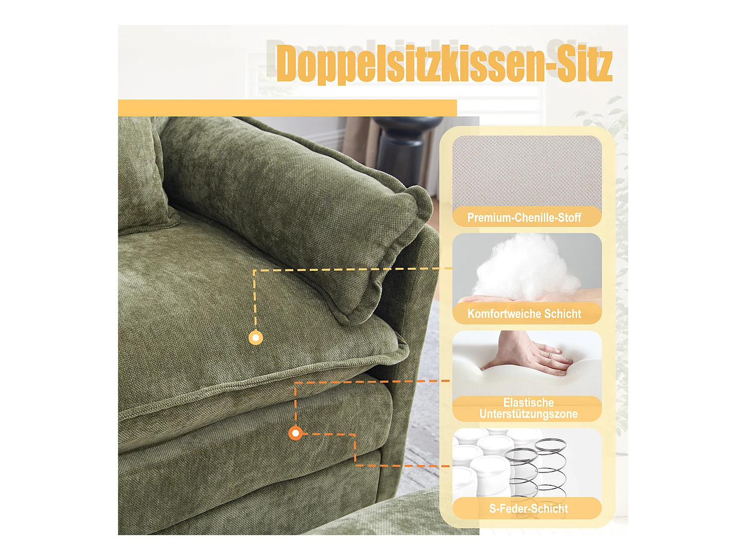Fauteuil avec repose-pieds et rangement, chenille olive, avec poches latérales et coussins (103x85x91 cm)