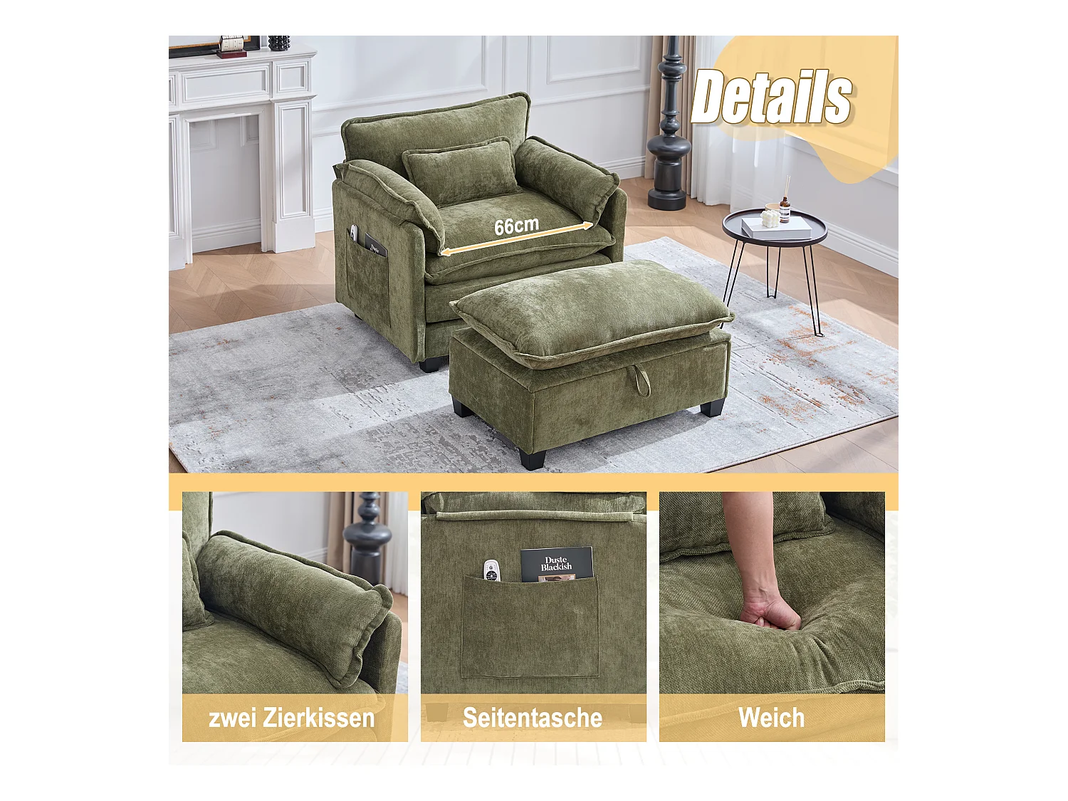Fauteuil avec repose-pieds et rangement, chenille olive, avec poches latérales et coussins (103x85x91 cm)