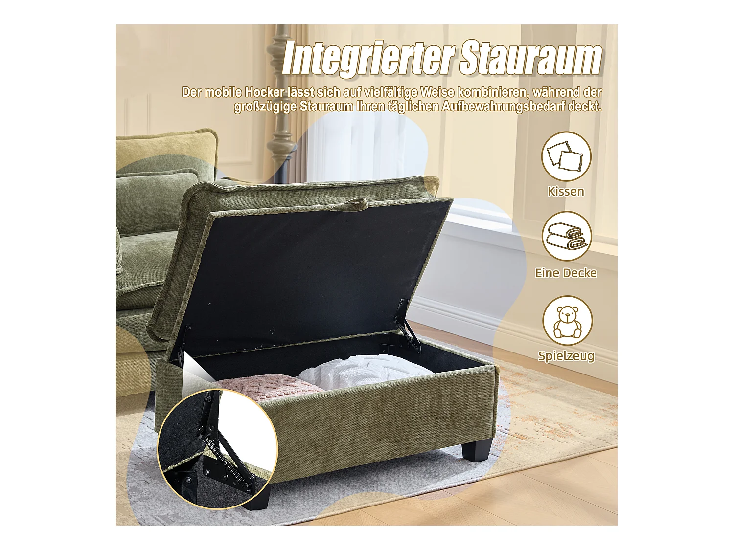 Fauteuil avec repose-pieds et rangement, chenille olive, avec poches latérales et coussins (103x85x91 cm)