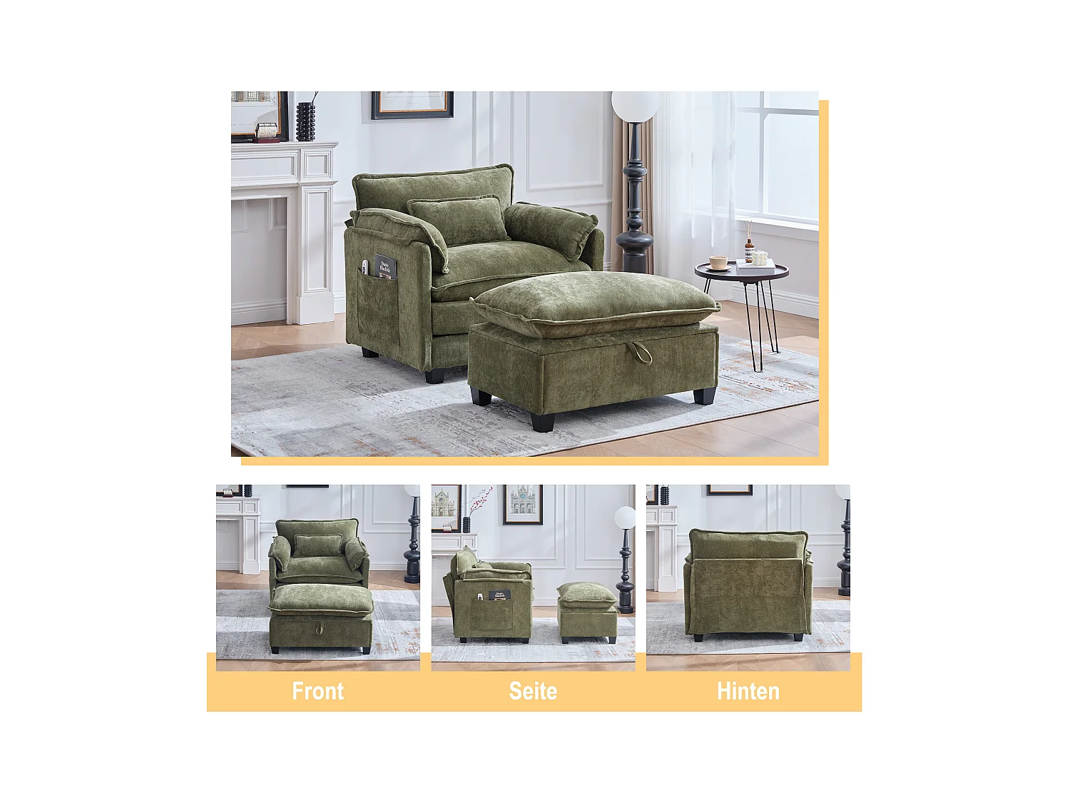 Fauteuil avec repose-pieds et rangement, chenille olive, avec poches latérales et coussins (103x85x91 cm)