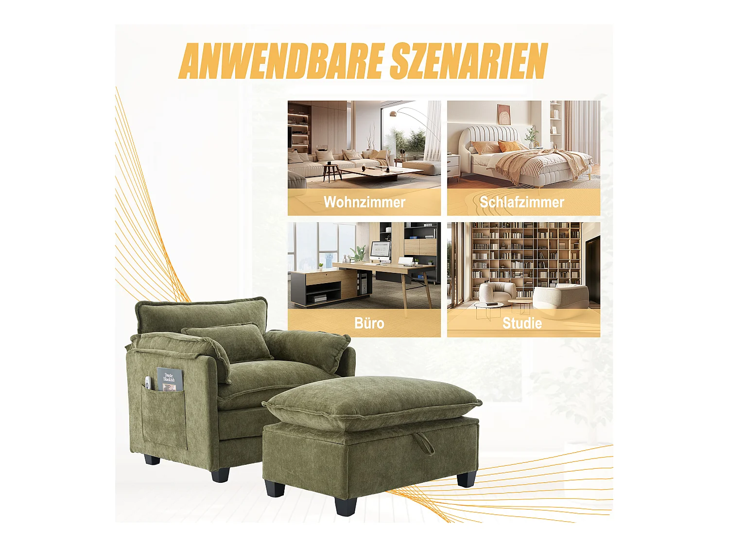 Fauteuil avec repose-pieds et rangement, chenille olive, avec poches latérales et coussins (103x85x91 cm)