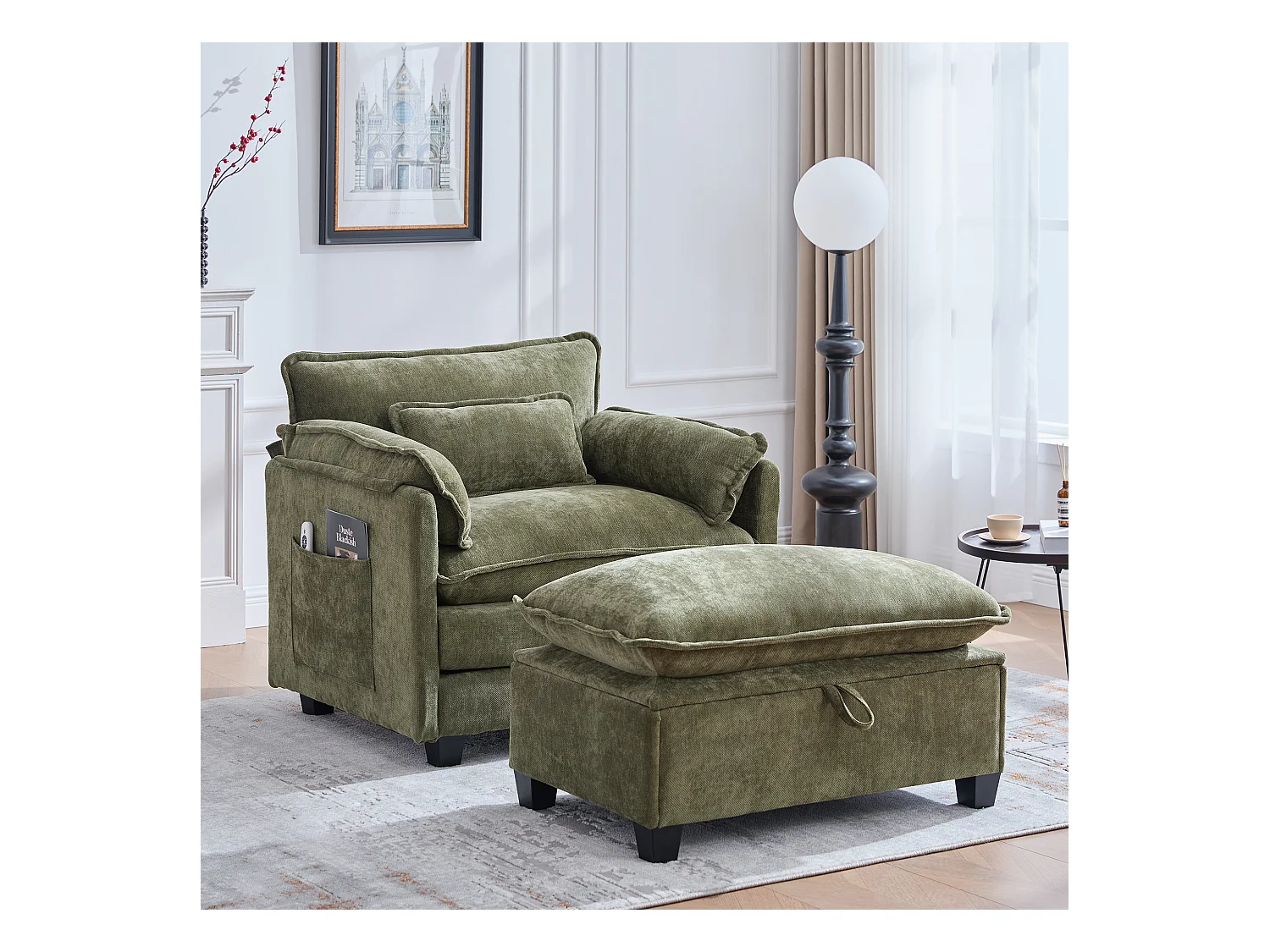 Fauteuil avec repose-pieds et rangement, chenille olive, avec poches latérales et coussins (103x85x91 cm)