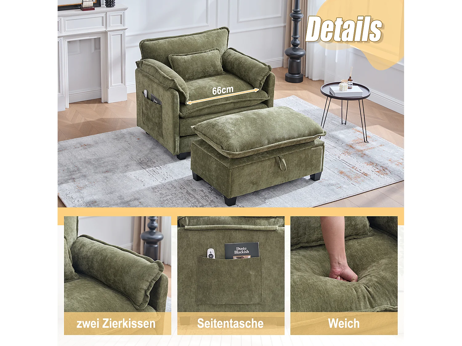 Fauteuil avec repose-pieds et rangement, chenille olive, avec poches latérales et coussins (103x85x91 cm)