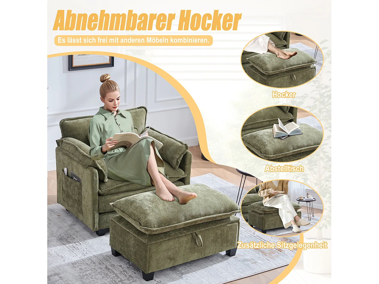 Fauteuil avec repose-pieds et rangement, chenille olive, avec poches latérales et coussins (103x85x91 cm)