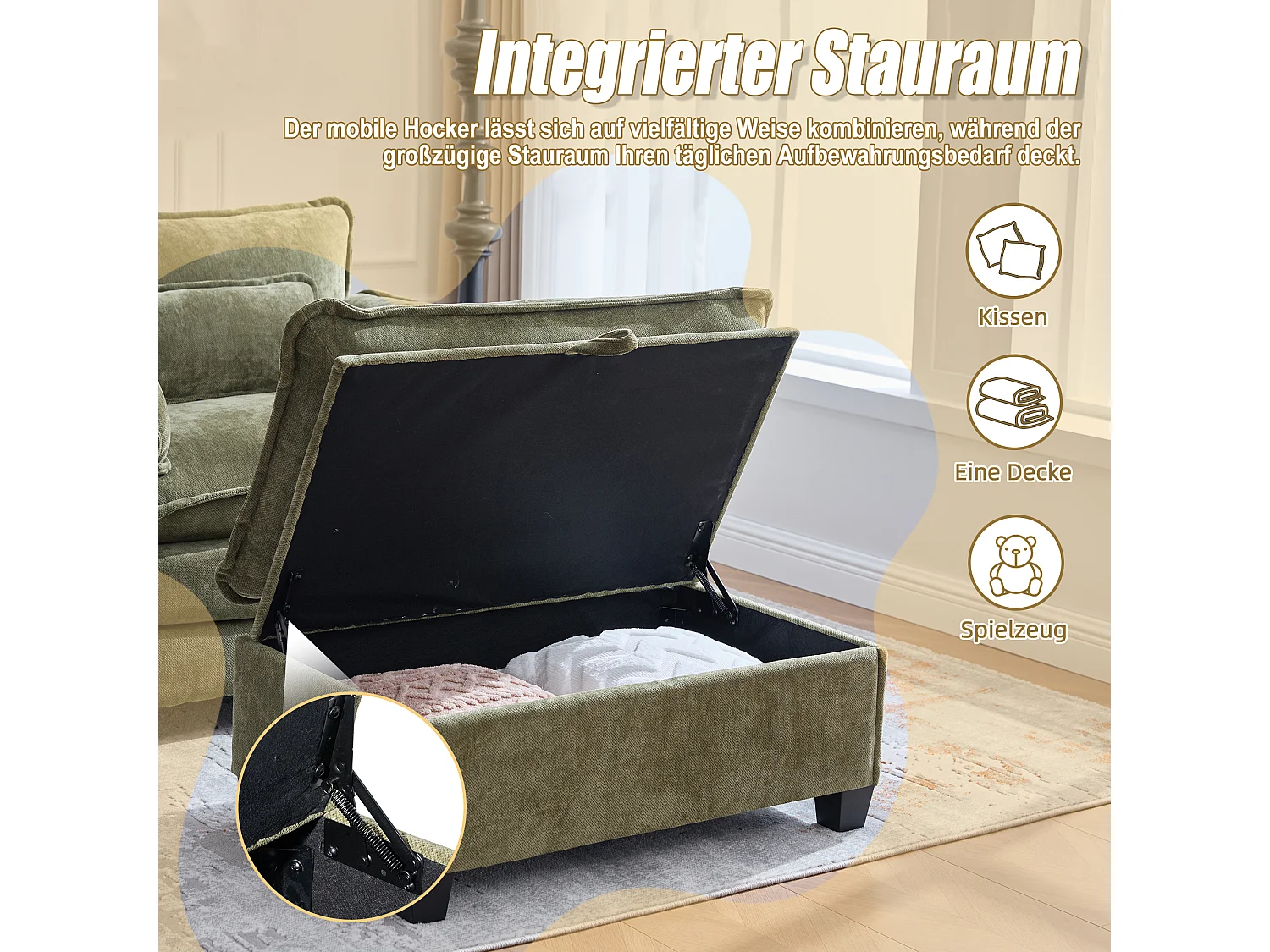 Fauteuil avec repose-pieds et rangement, chenille olive, avec poches latérales et coussins (103x85x91 cm)