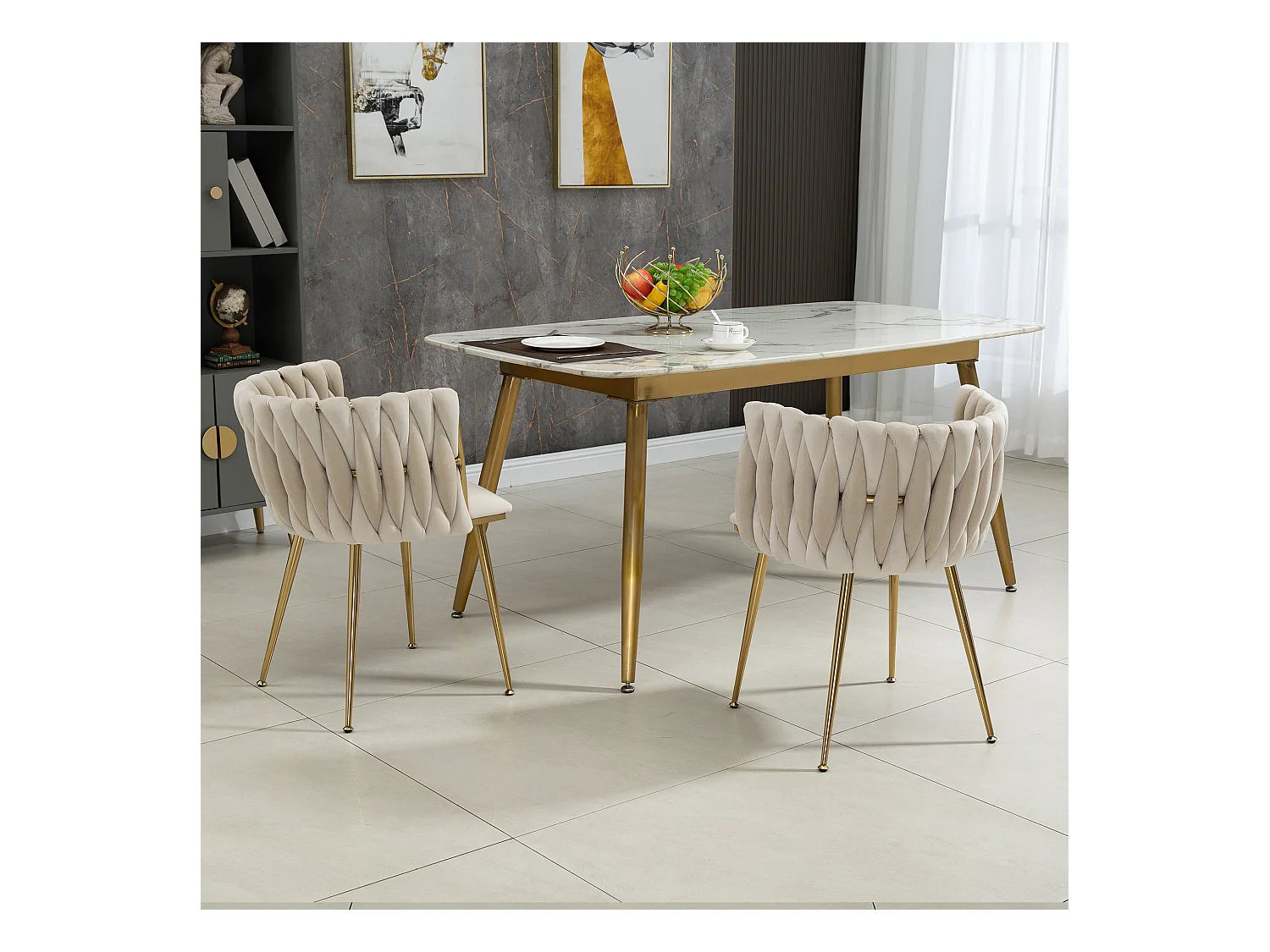 Ensemble de Chaises en Velours avec Pieds Métalliques Dorés, Design Tissé Élégant, Ivoire (55.5x54x73.9 cm)