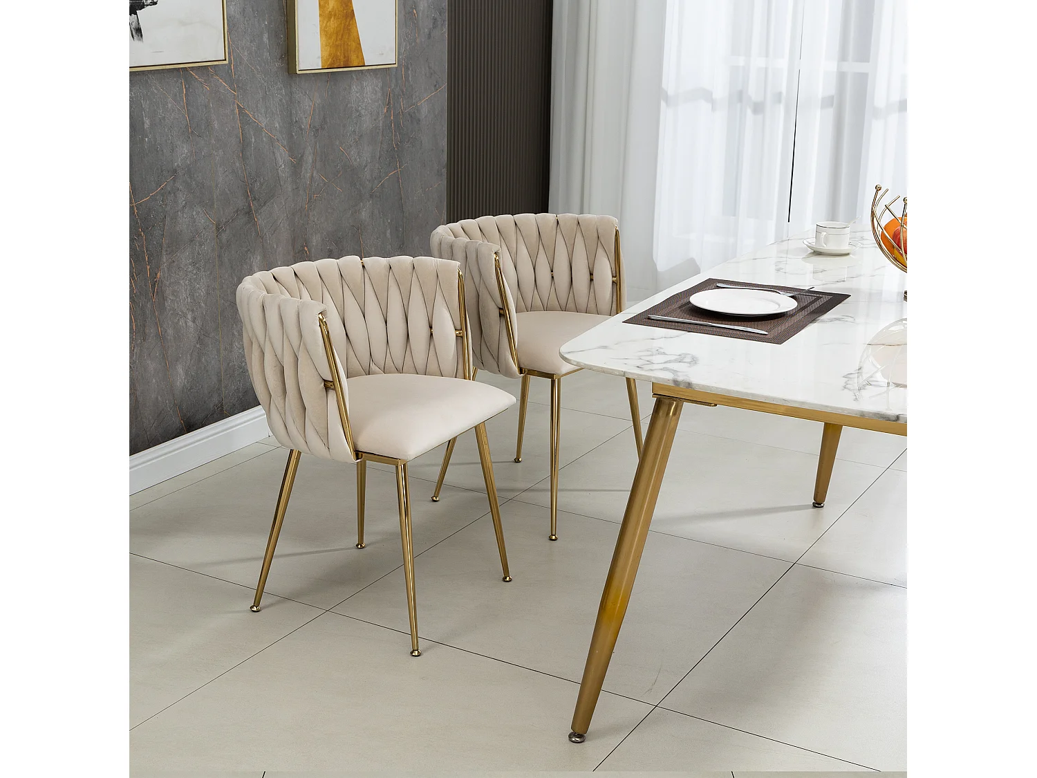 Ensemble de Chaises en Velours avec Pieds Métalliques Dorés, Design Tissé Élégant, Ivoire (55.5x54x73.9 cm)