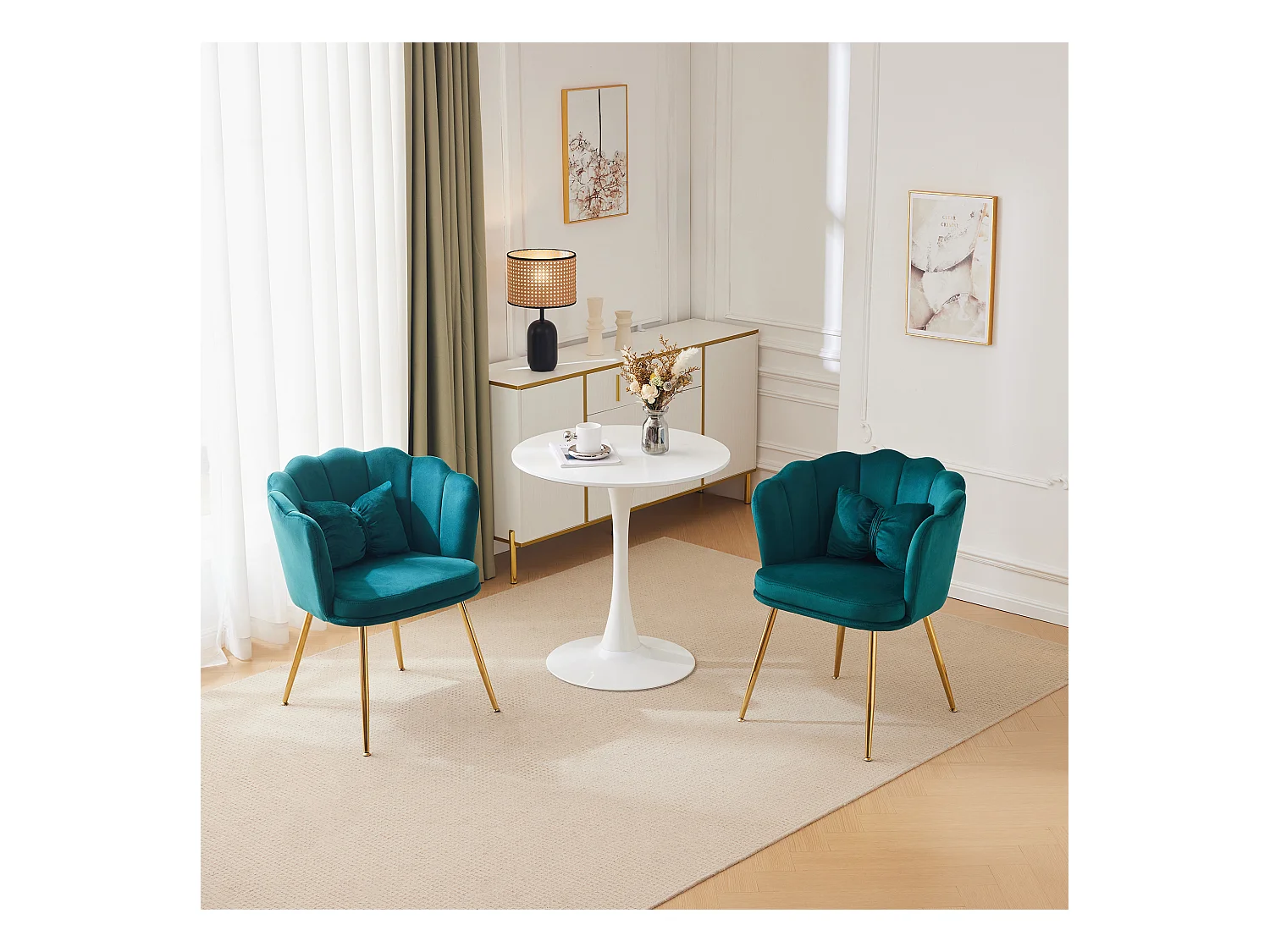 Set de 2 chaises modernes en velours, design à dossier en pétale, coussin lombaire papillon, pieds métalliques dorés, vert (63x58x77 cm)