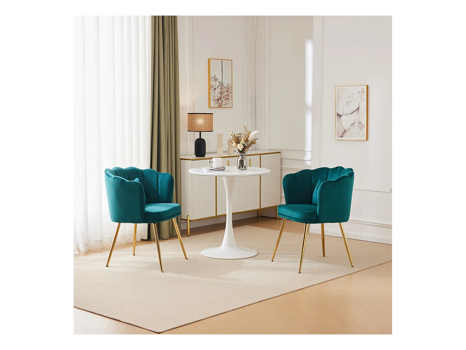 Set de 2 chaises modernes en velours, design à dossier en pétale, coussin lombaire papillon, pieds métalliques dorés, vert (63x58x77 cm)