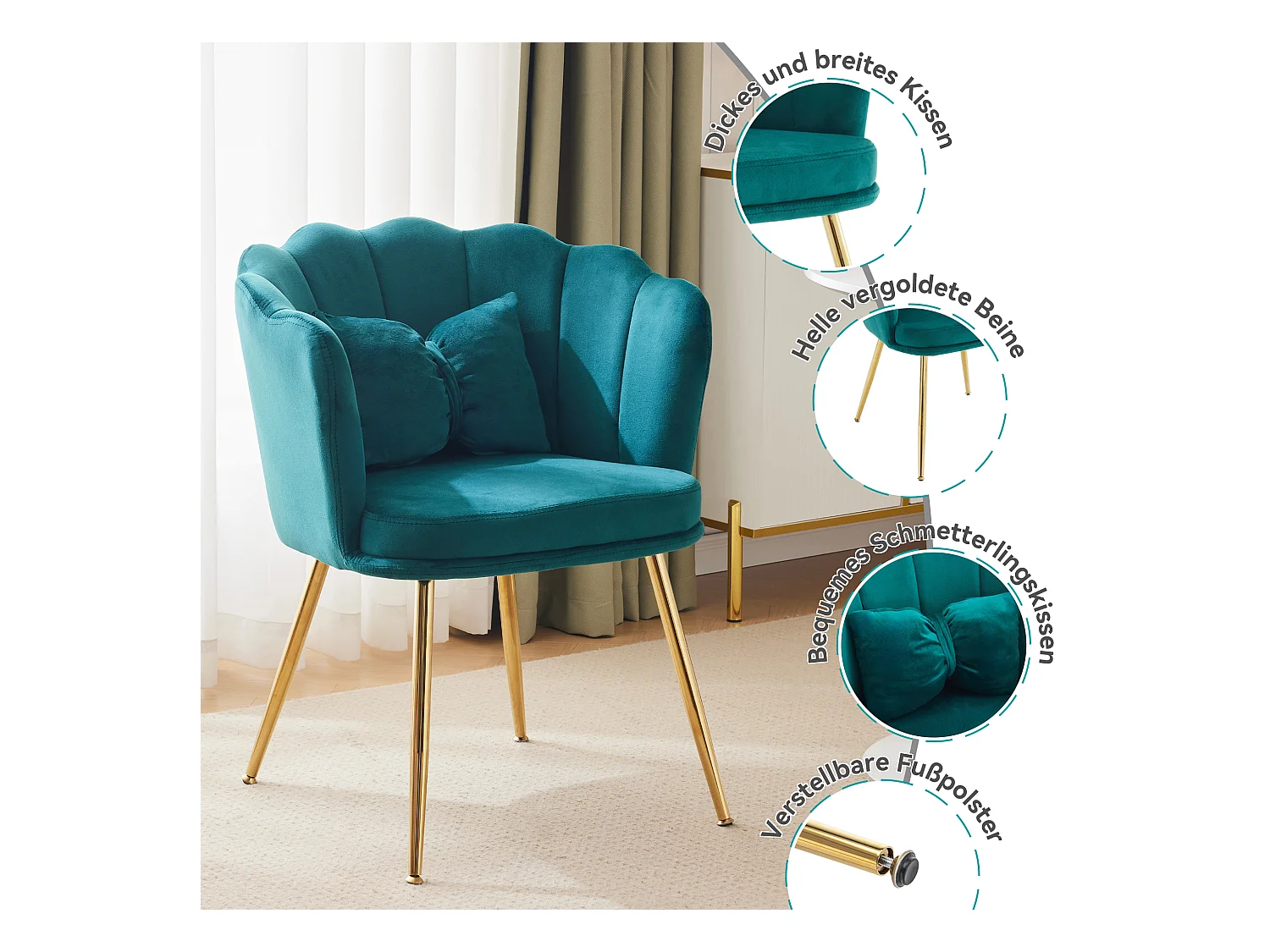 Set de 2 chaises modernes en velours, design à dossier en pétale, coussin lombaire papillon, pieds métalliques dorés, vert (63x58x77 cm)