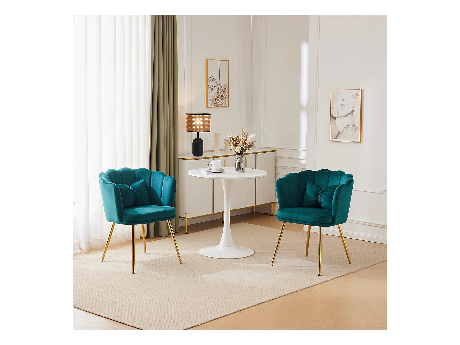 Set de 2 chaises modernes en velours, design à dossier en pétale, coussin lombaire papillon, pieds métalliques dorés, vert (63x58x77 cm)