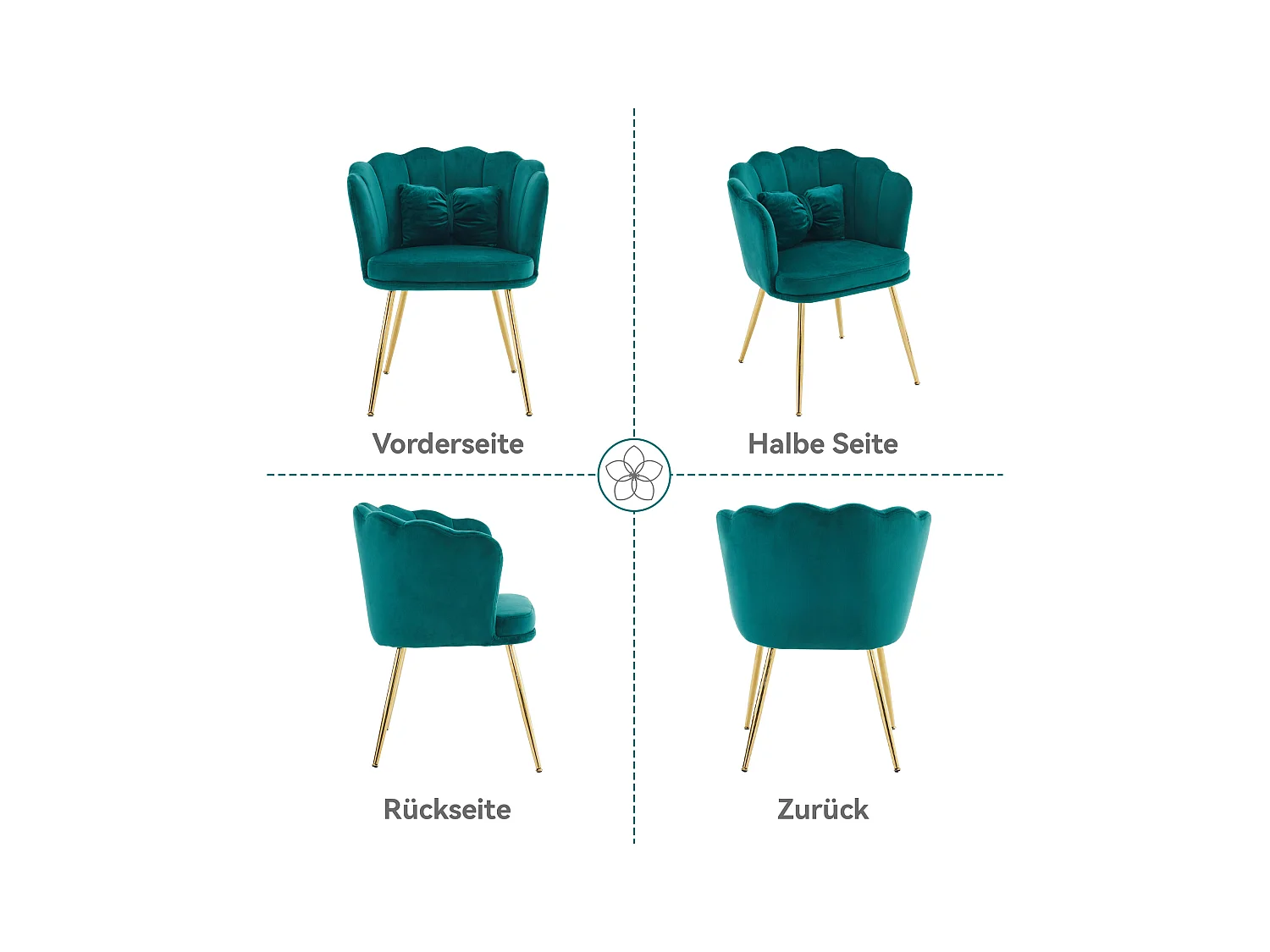 Set de 2 chaises modernes en velours, design à dossier en pétale, coussin lombaire papillon, pieds métalliques dorés, vert (63x58x77 cm)