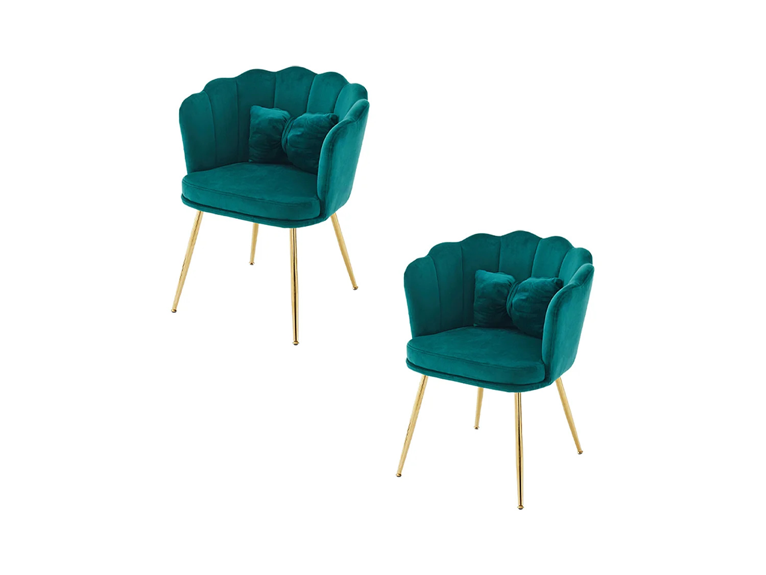 Set de 2 chaises modernes en velours, design à dossier en pétale, coussin lombaire papillon, pieds métalliques dorés, vert (63x58x77 cm)