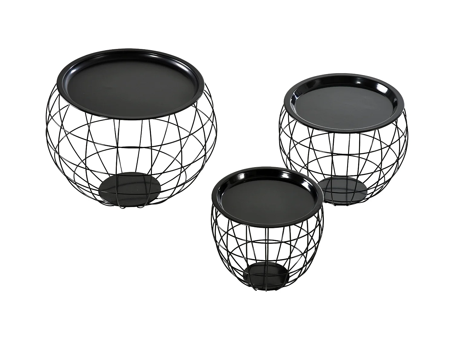 Ensemble de 3 tables basses rondes avec plateau amovible, acier, noir (51x51x38.5cm / 38.5x38.5x32cm / 30.5x30.5x27cm)