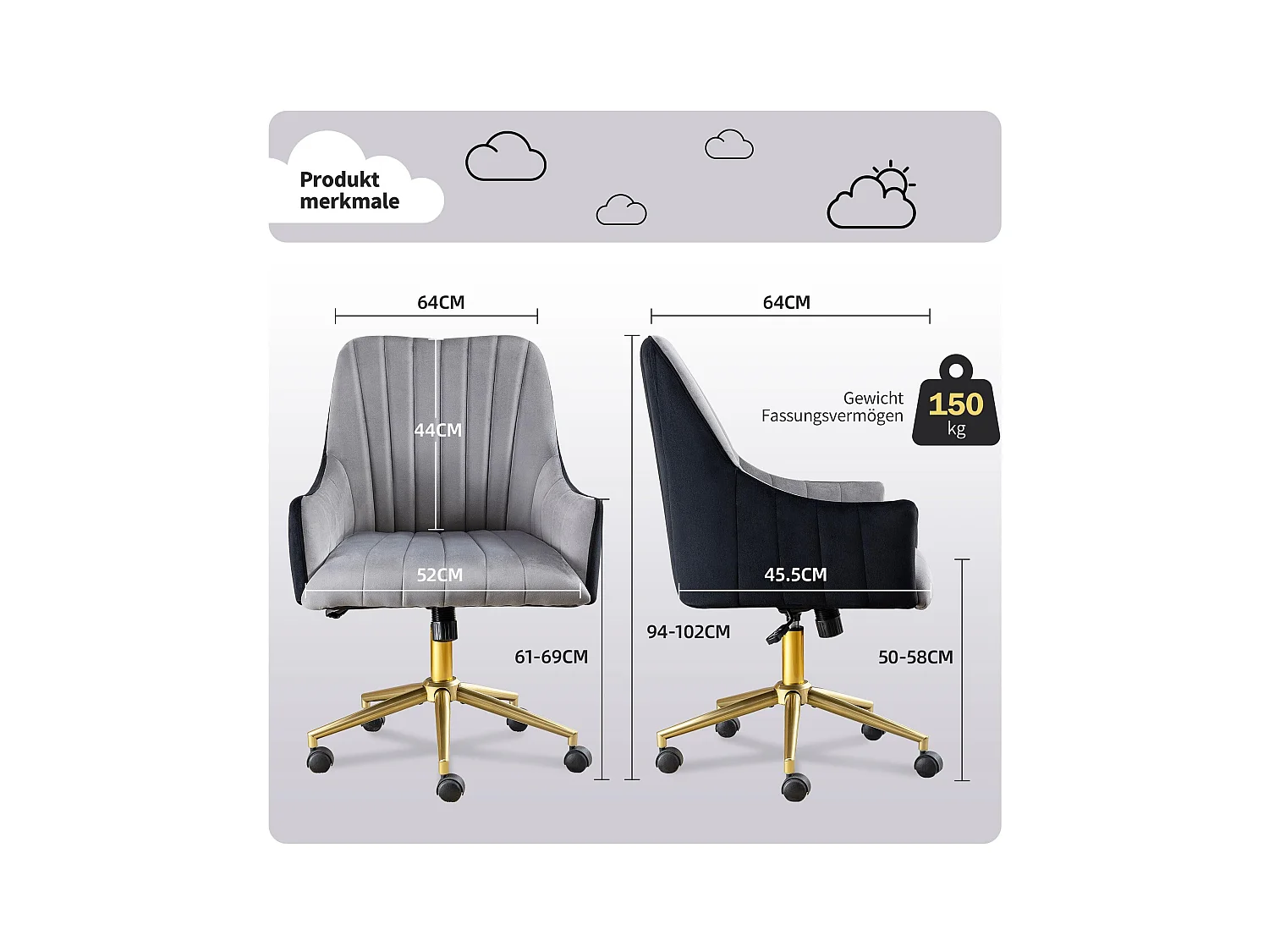 Chaise de Bureau Pivotante en Velours, Réglable en Hauteur, Supporte jusqu'à 150kg, Métal doré, Gris (48x52x94 cm)