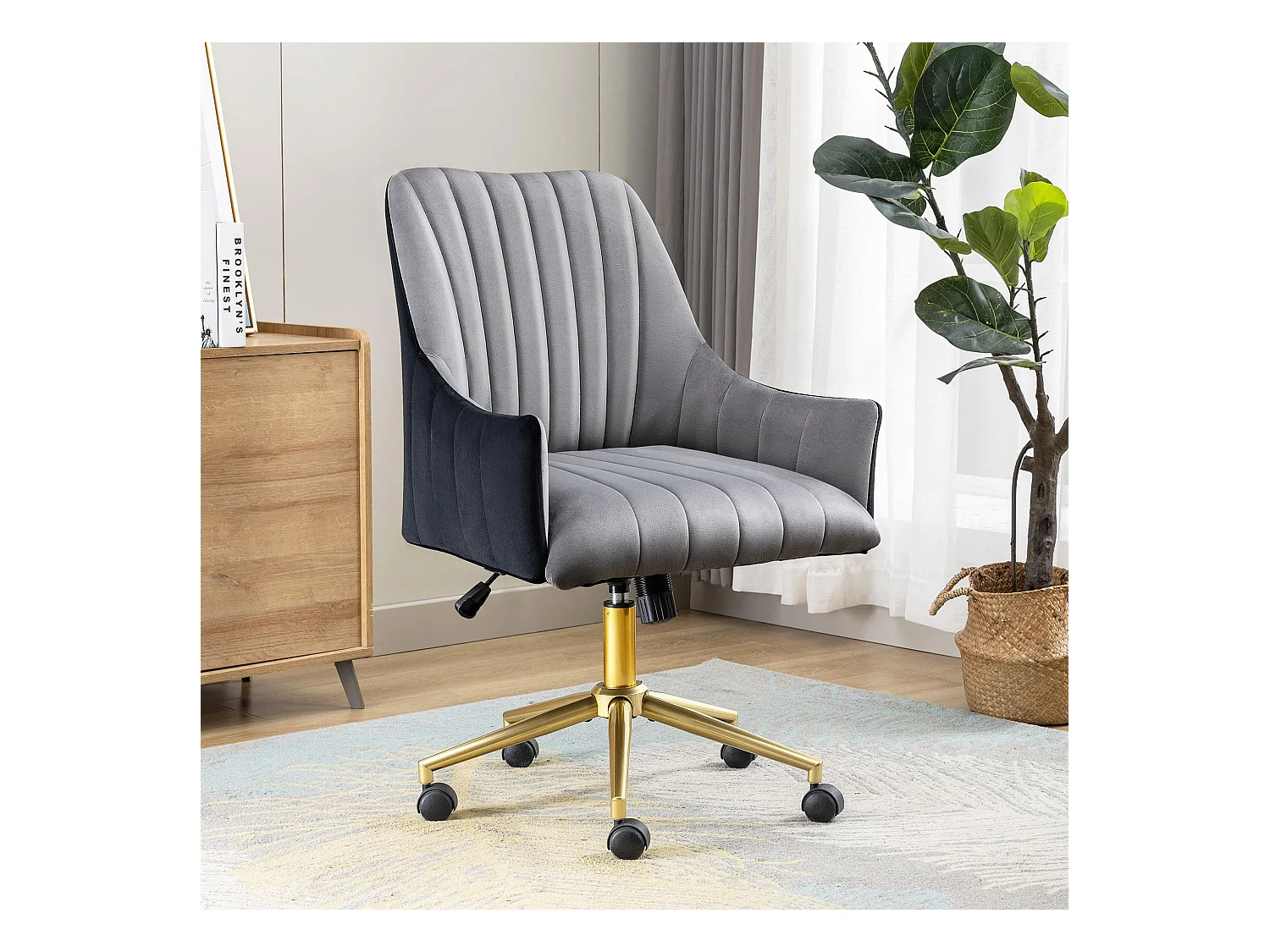 Silla de oficina giratoria de terciopelo, altura ajustable, soporta hasta 150 kg, metal dorado, gris (48 x 52 x 94 cm)